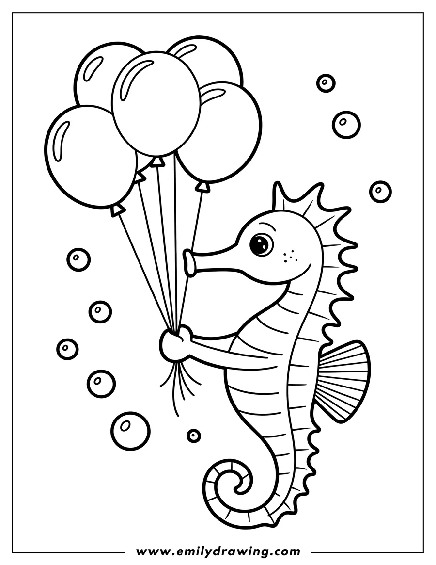 Line art of a seahorse holding a bunch of balloons, with bubbles floating around.