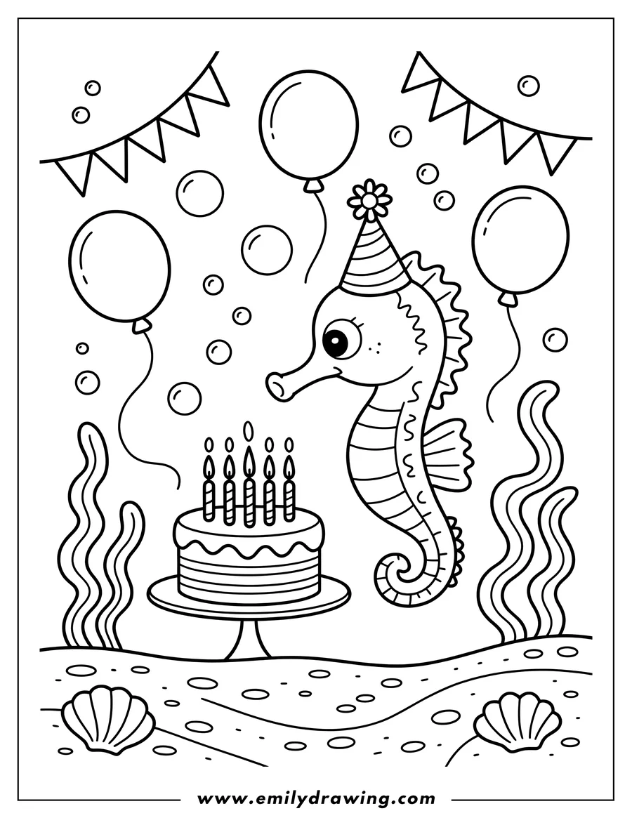 Line art of a seahorse wearing a party hat and looking at a birthday cake with candles. Balloons, bubbles, and seaweed decorate the underwater scene.