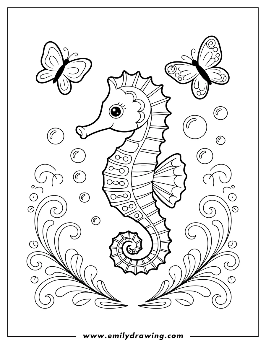 Line art of a seahorse with two butterflies and decorative swirls and bubbles.