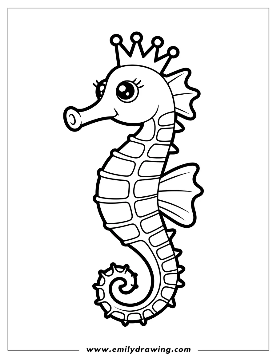 Line art of a seahorse wearing a crown.