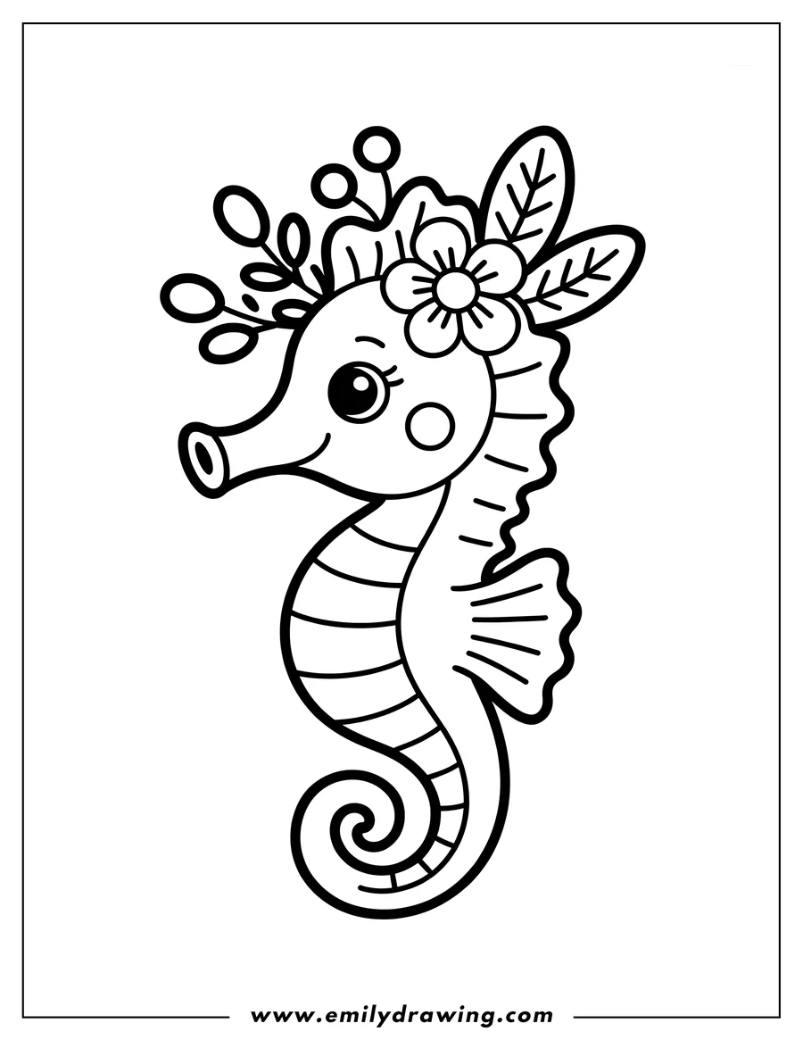 Line art of a seahorse wearing a flower crown. Its tail is curled up, and it has large, friendly eyes.