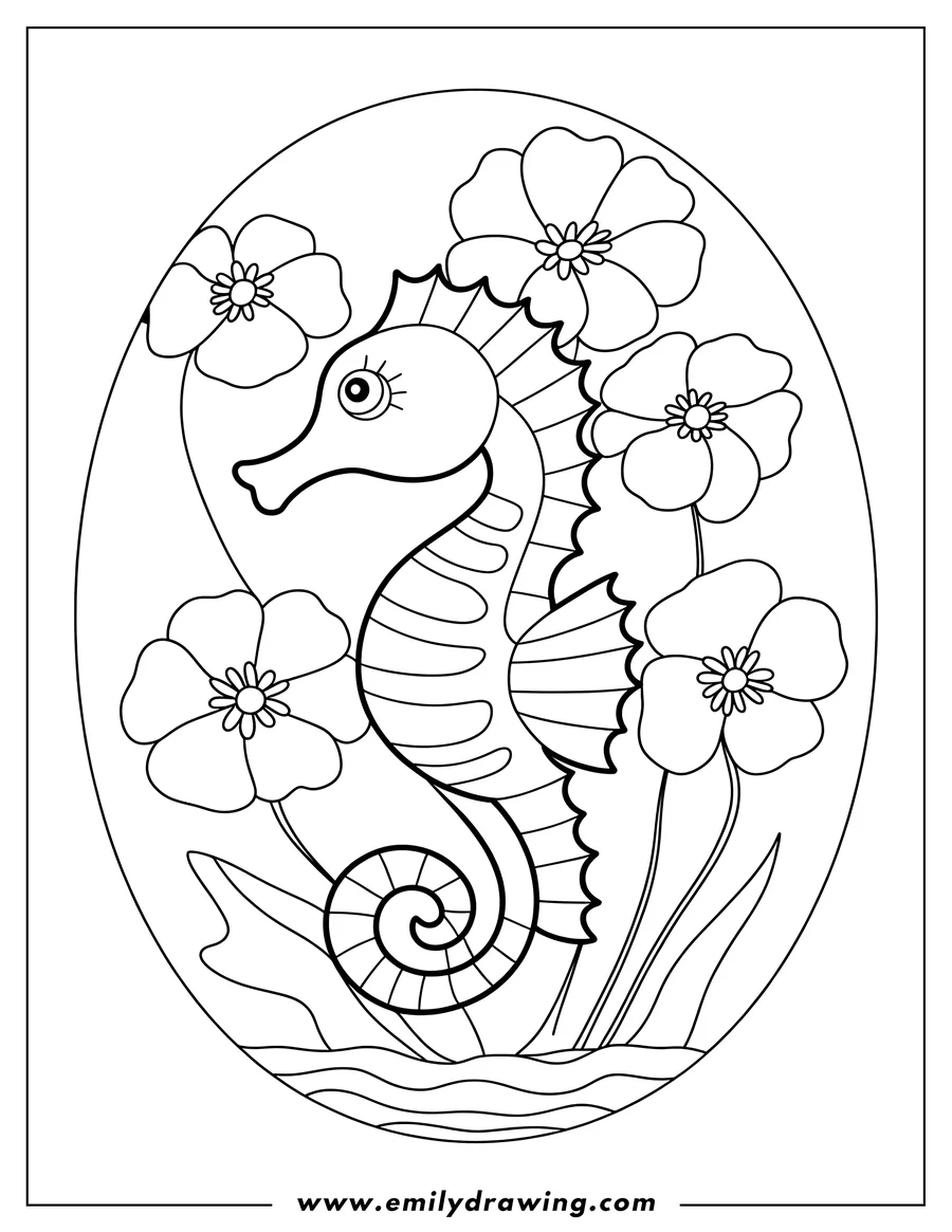 Line art of a seahorse surrounded by flowers. The seahorse's tail is curled, and it has a large eye.