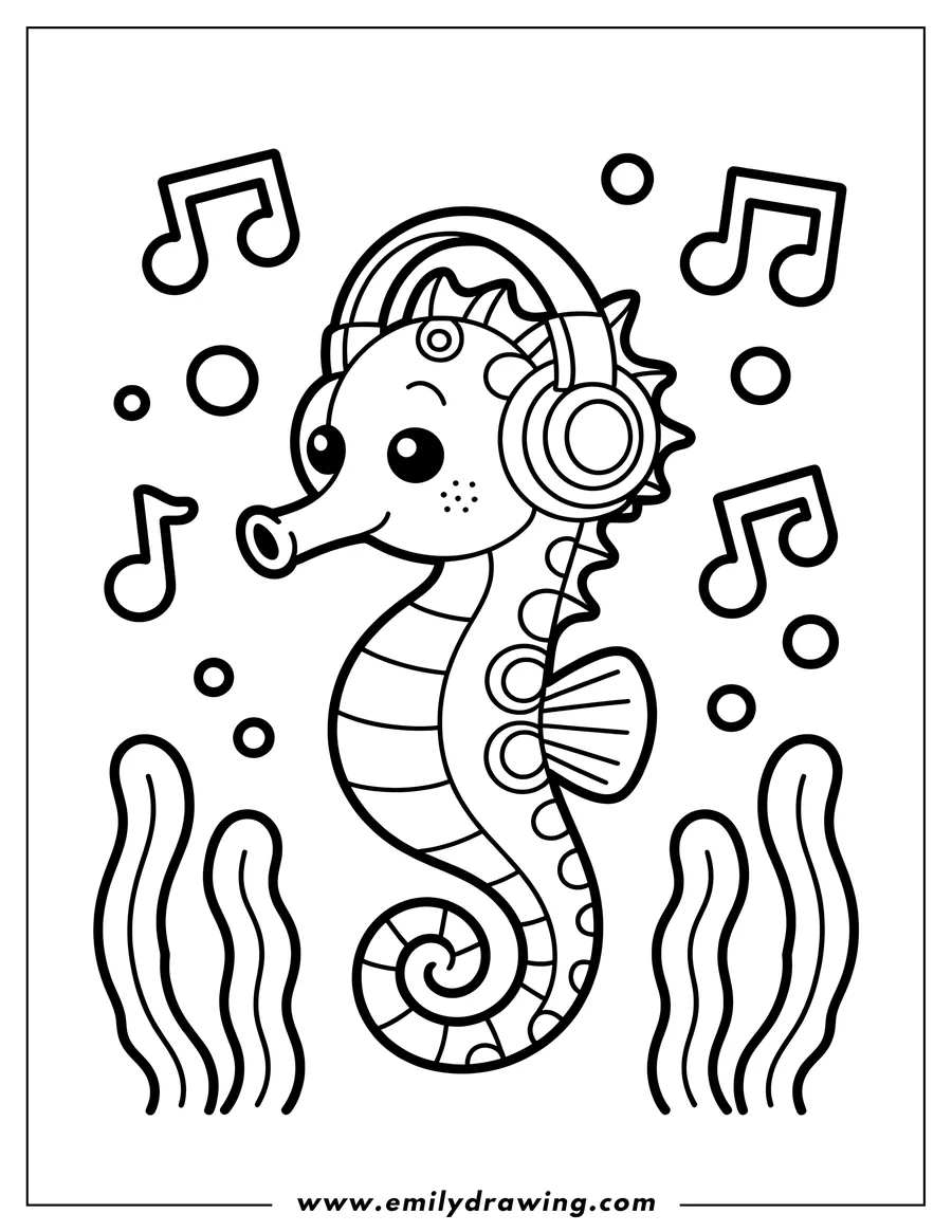 Outline of a seahorse wearing headphones, surrounded by musical notes, bubbles, and seaweed.