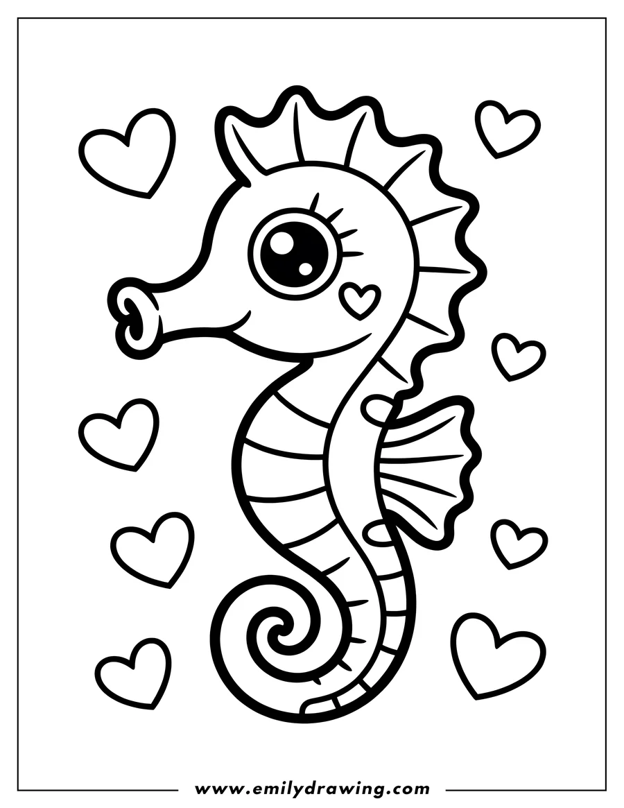 Outline of a seahorse surrounded by hearts. It has large eyes, a curly tail, and a little fin.