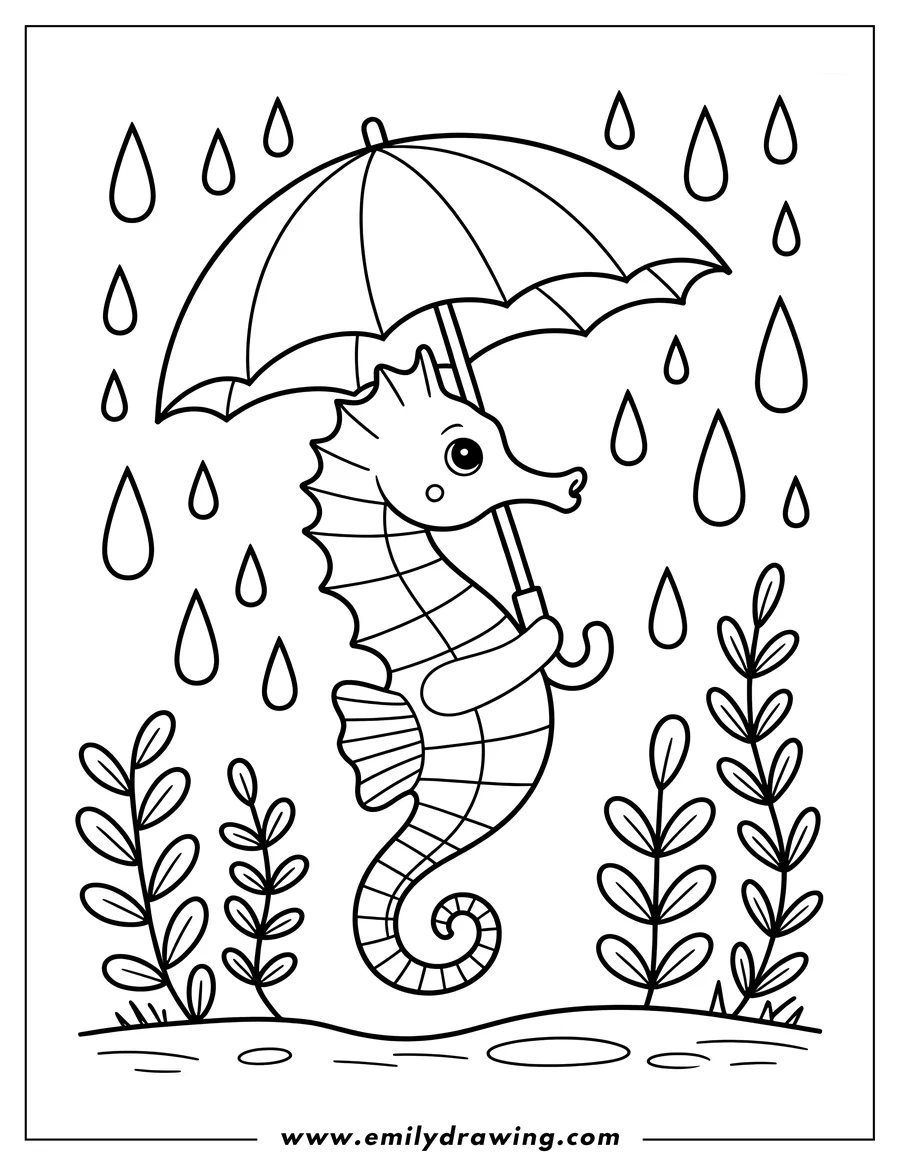 Outline of a seahorse holding an umbrella in the rain, with seaweed on the seabed below.