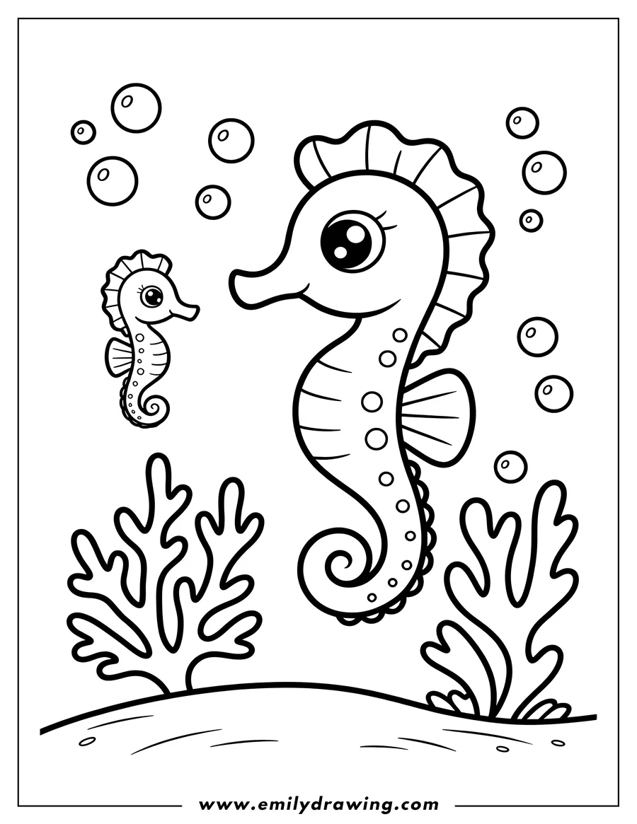 Line art of two seahorses with coral and bubbles. A larger seahorse and a smaller seahorse swim near coral on the ocean floor.