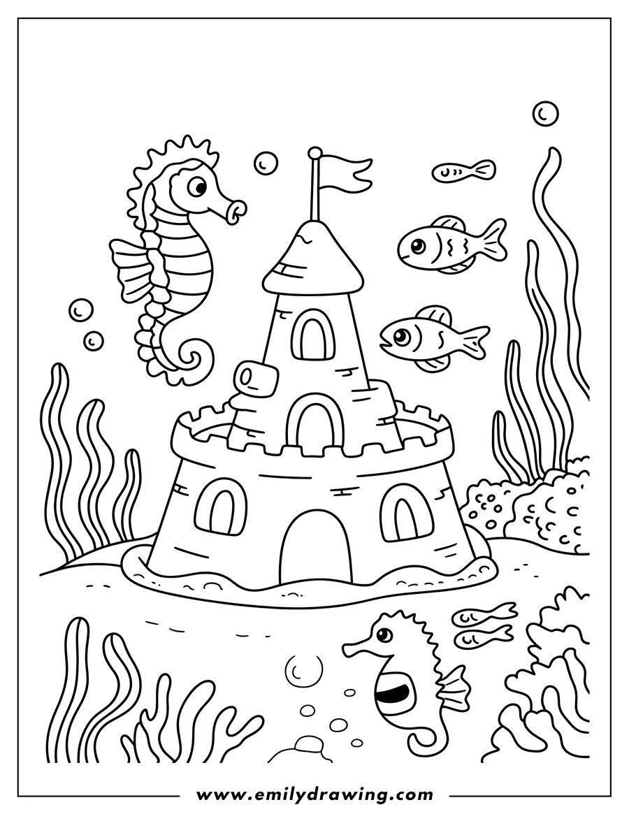 Line art of two seahorses, small fish, and a sandcastle on the seabed with seaweed and coral.
