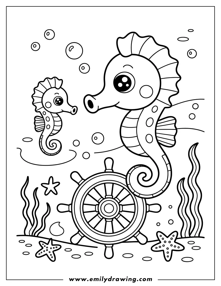Two seahorses near a ship's wheel on the ocean floor with starfish and seaweed. Perfect image for ocean or sea life themed projects.