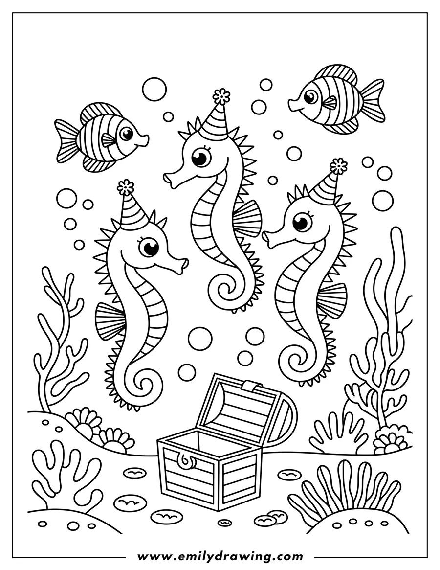 Line art of three seahorses with party hats near an open treasure chest on the ocean floor with fish and seaweed