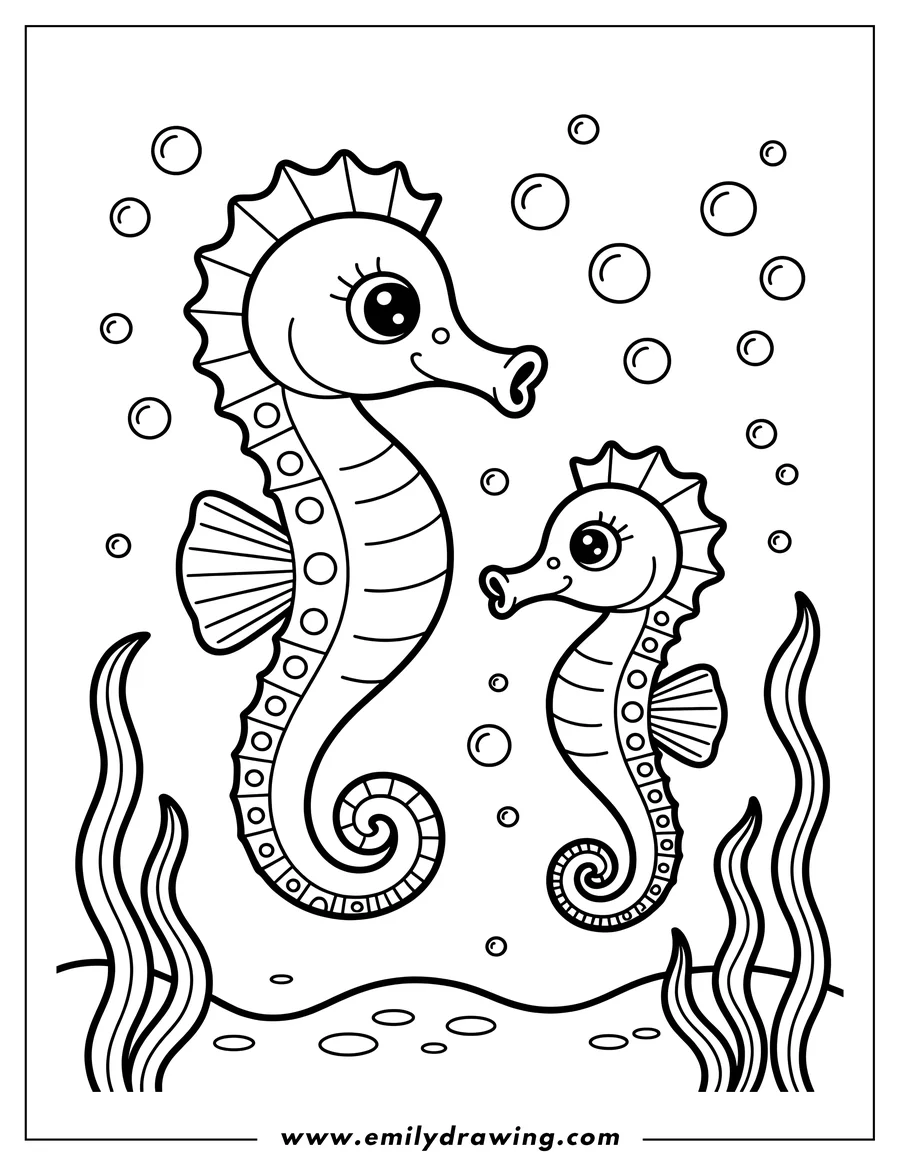 Line art of two seahorses, a larger one and a smaller one, swimming among seaweed on the ocean floor.