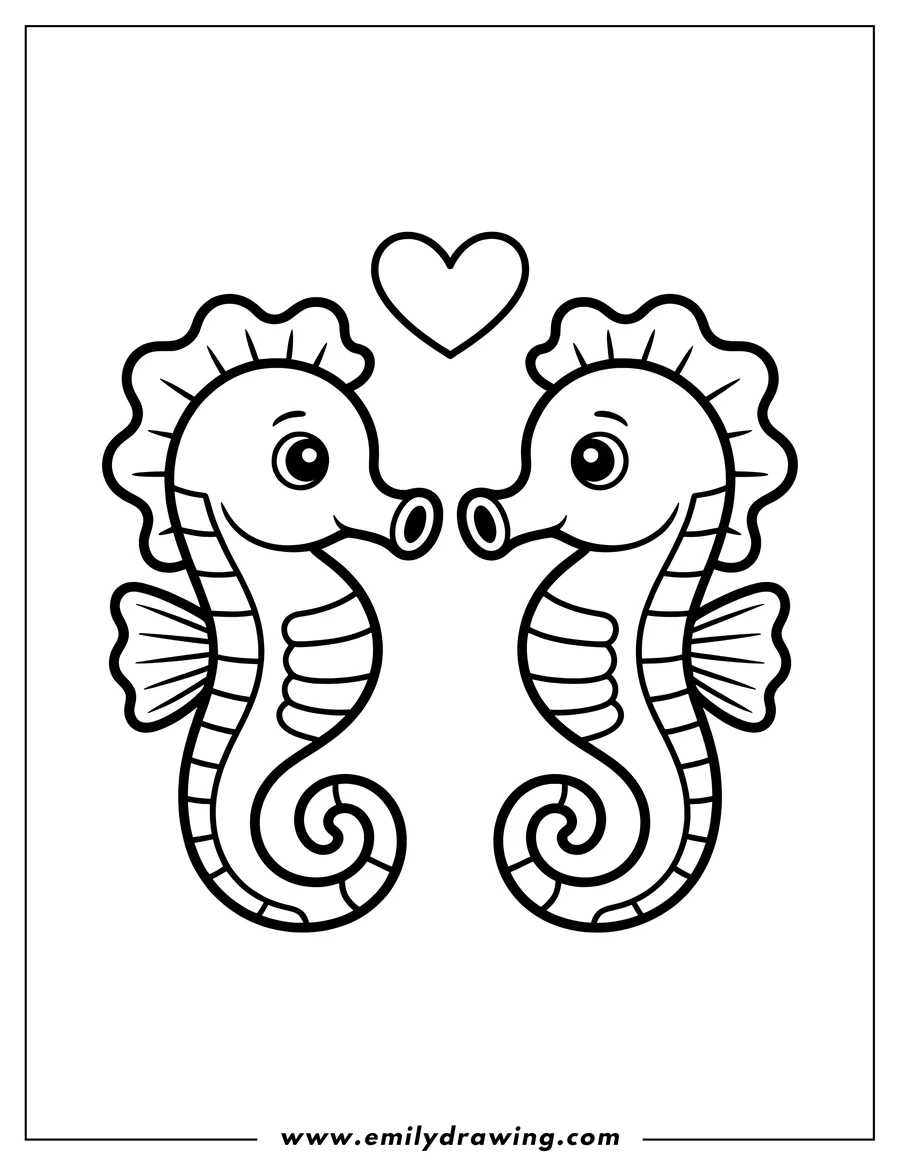 Outline of two seahorses facing each other with a heart above them