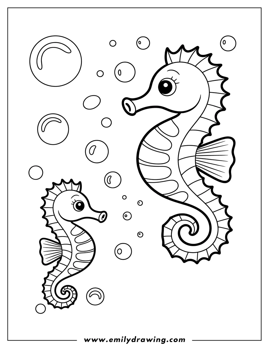 Line art of two seahorses surrounded by bubbles. One seahorse is larger than the other. They both have curly tails and cute faces.