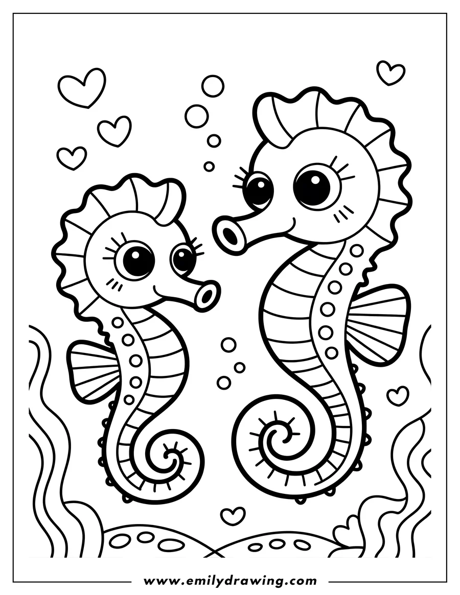 Line art of two seahorses with hearts and seaweed, ready to be colored.
