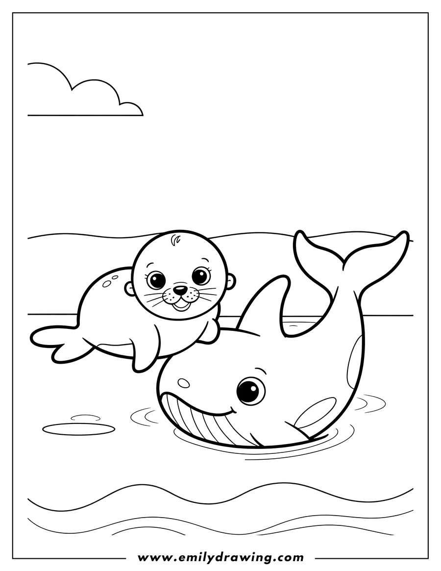 Outline of a seal sitting on a whale in the water.