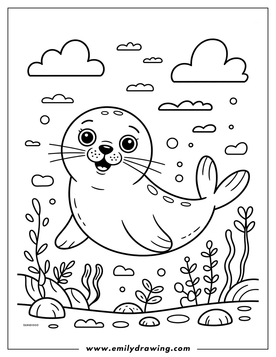 Outline of a seal swimming underwater with seaweed, rocks and bubbles.
