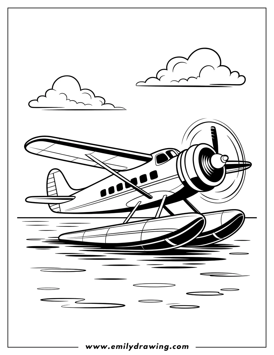 Outline of a seaplane floating on water with clouds in the sky.