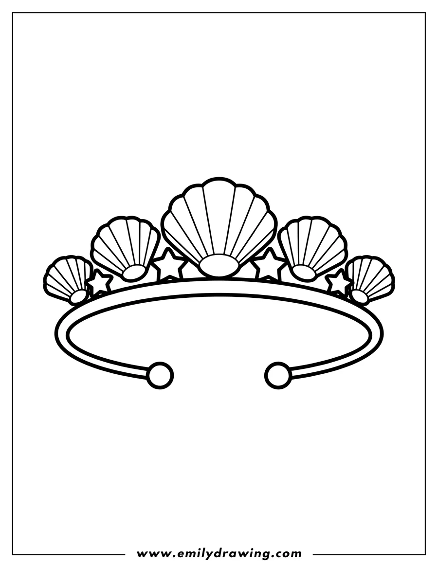 Outline of a crown decorated with seashells and stars.
