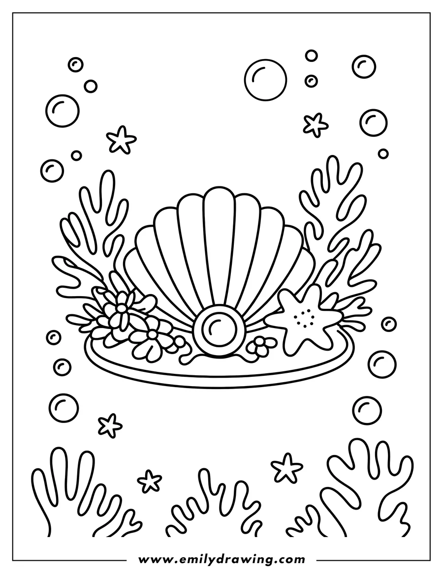 Line art of a seashell crown decorated with starfish, flowers, a large pearl, and surrounded by bubbles and seaweed.