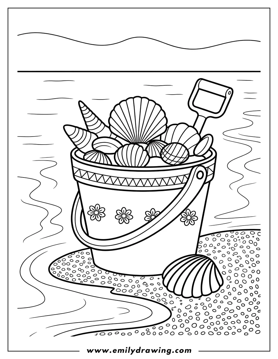 Line art of a bucket full of seashells on a sandy beach, with a shovel and a single seashell beside it. The ocean is visible in the background.