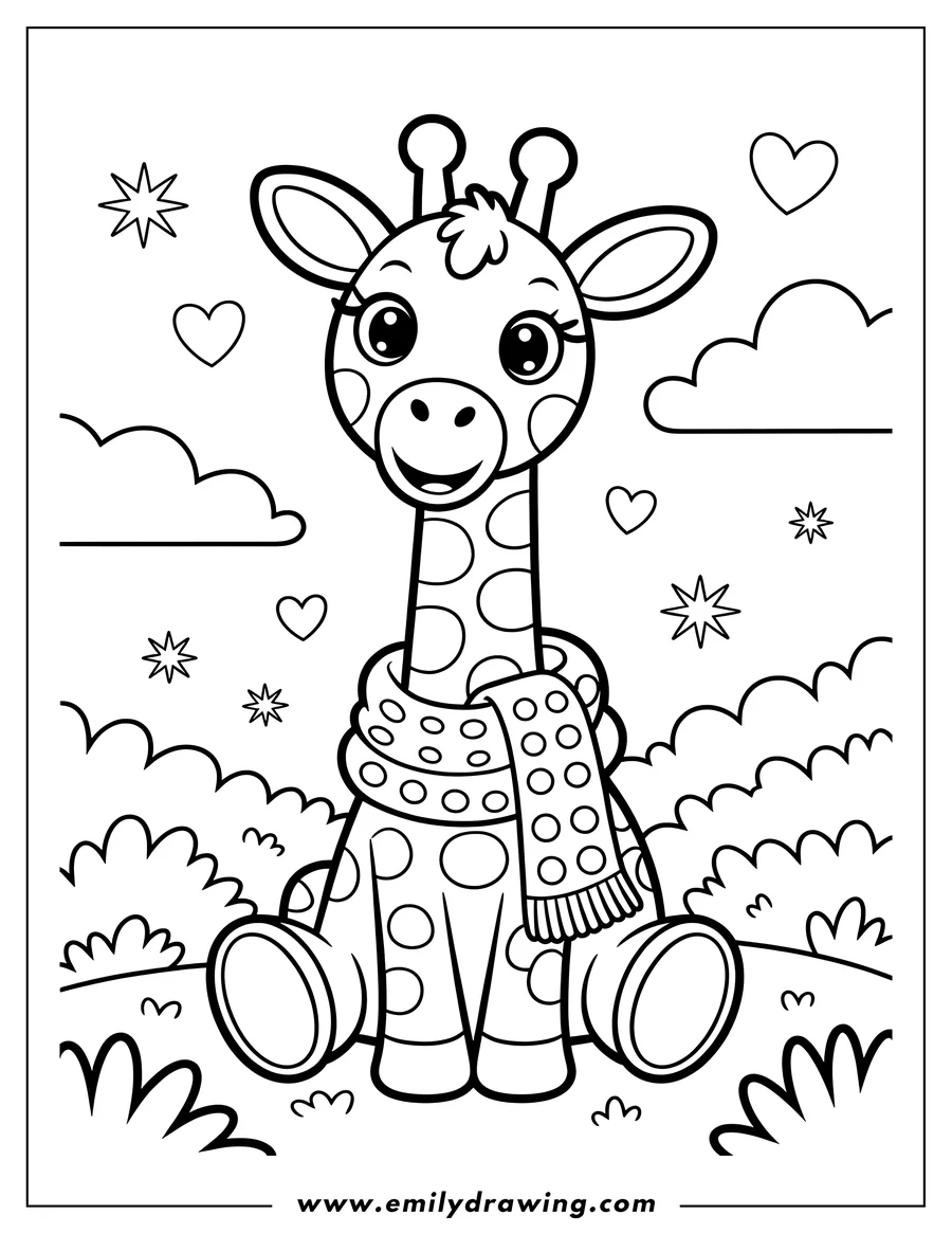 Outline of a giraffe sitting down with a spotted scarf, surrounded by hearts, stars, and bushes.