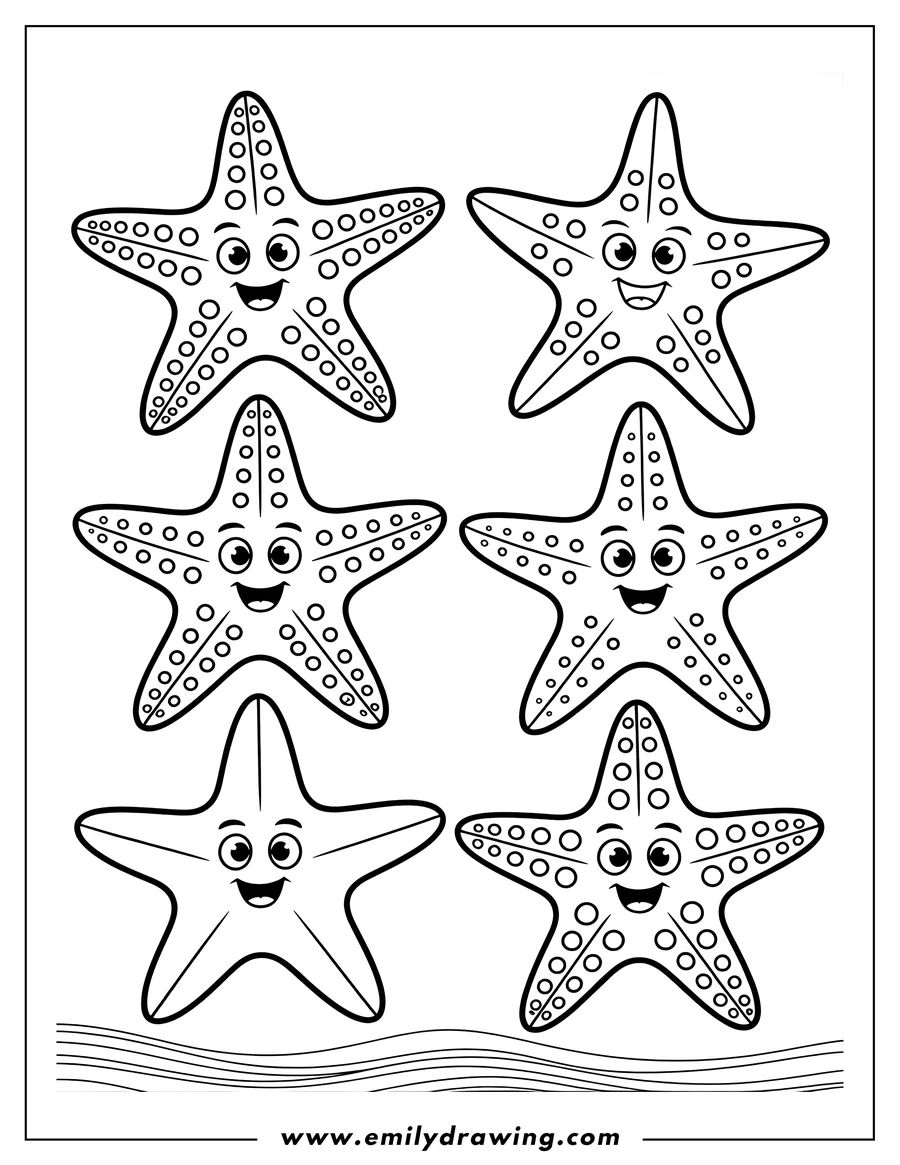 Six smiling starfish, arranged in two rows of three, with wavy lines at the bottom.