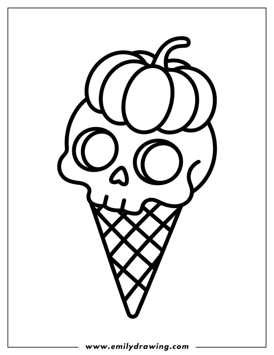 Line art of a skull ice cream scoop topped with a small pumpkin, all in a waffle cone.