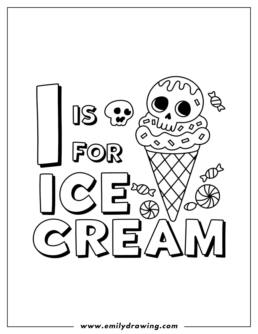 Line art of an ice cream cone with a skull face, candies, and the words 'I is for Ice Cream'.