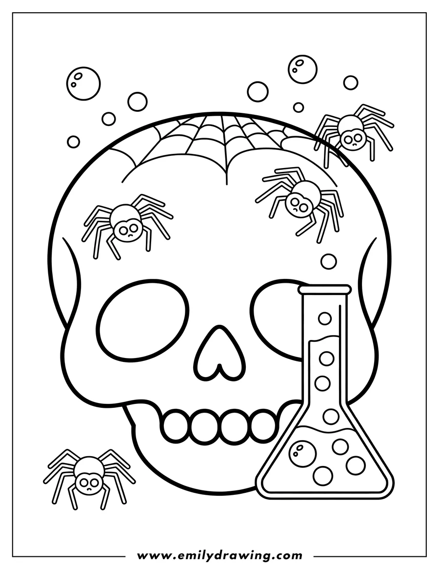 Outline of a skull with spiders, a spiderweb, and a beaker with a bubbling potion.