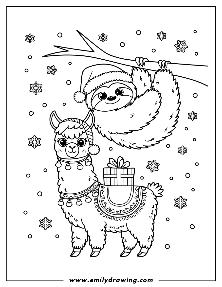 Line art of a llama with a present and a sloth hanging from a tree branch in the snow. Both are wearing winter hats.