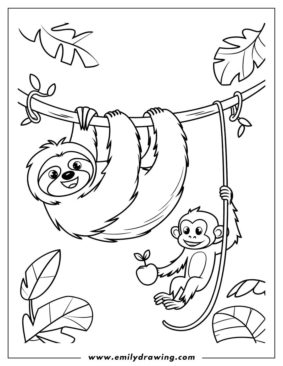 Line art of a sloth hanging upside down from a tree branch and a monkey swinging from a vine with a small apple.