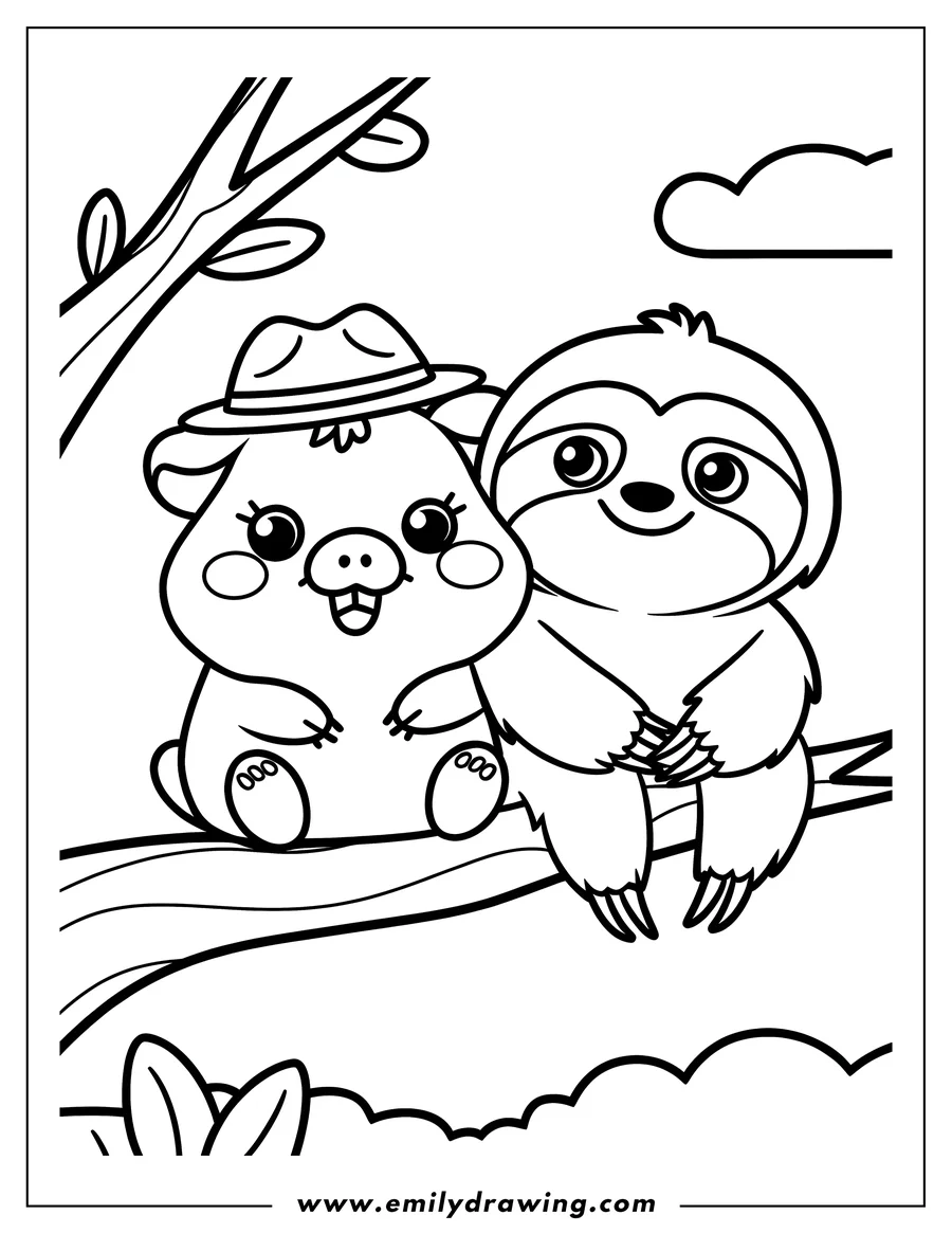 Outline of a piglet wearing a hat and a sloth sitting together on a tree branch