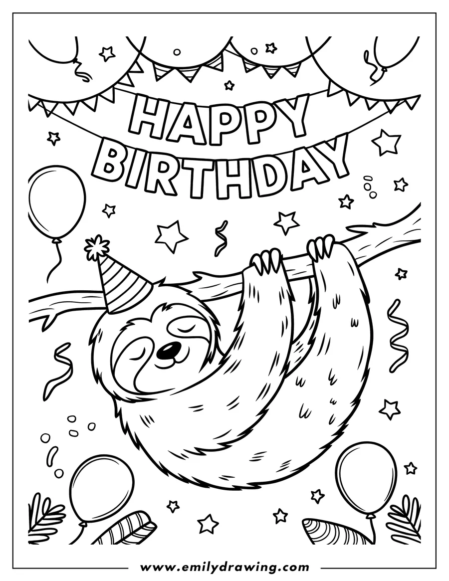 Line art of a sloth hanging upside down from a tree branch at a birthday party, wearing a party hat, surrounded by balloons and a 'Happy Birthday' banner.