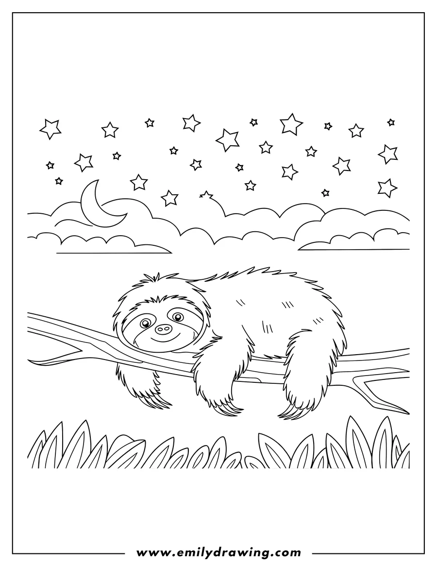 Outline of a sloth hanging from a tree branch at night with stars and a crescent moon in the sky.