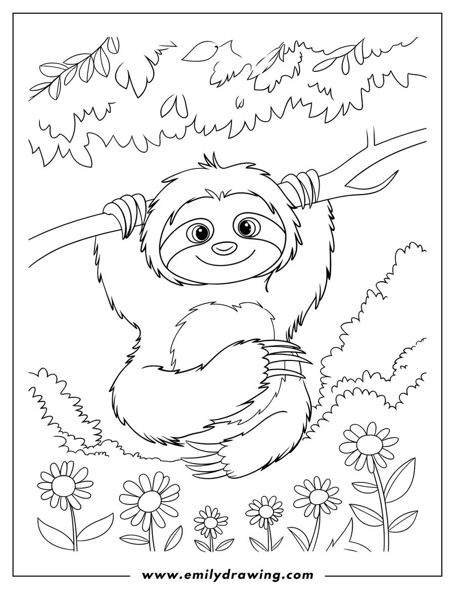 Outline of a sloth hanging upside down from a tree branch. There are flowers and leaves below.