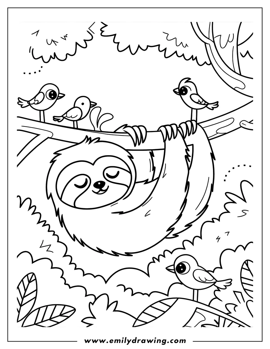 Outline of a sloth hanging upside down from a tree branch, with three small birds perched nearby.