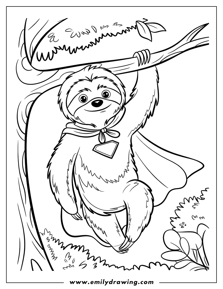 Line art of a sloth hanging from a tree branch, wearing a superhero cape.