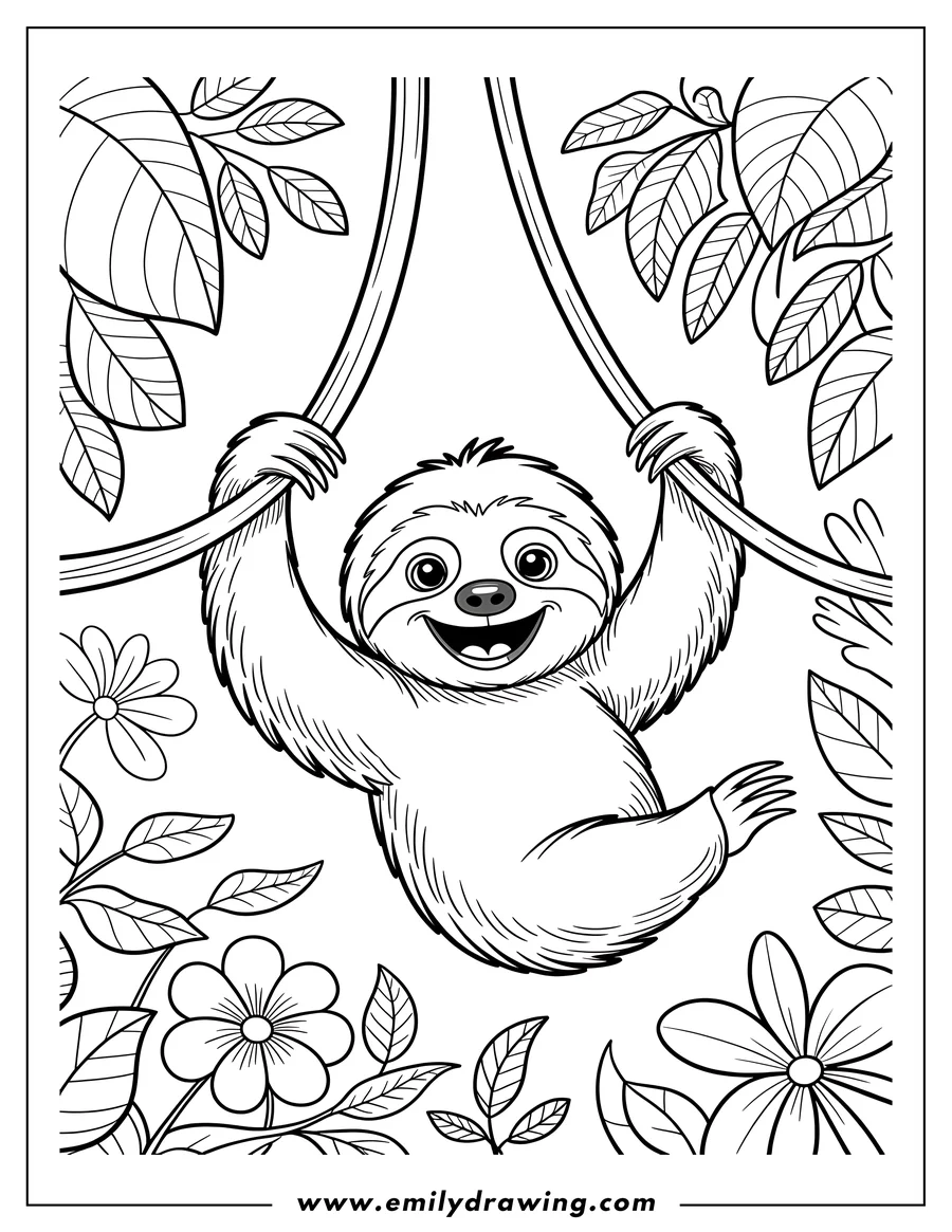 Line art of a smiling sloth hanging from jungle vines, surrounded by leaves and flowers.
