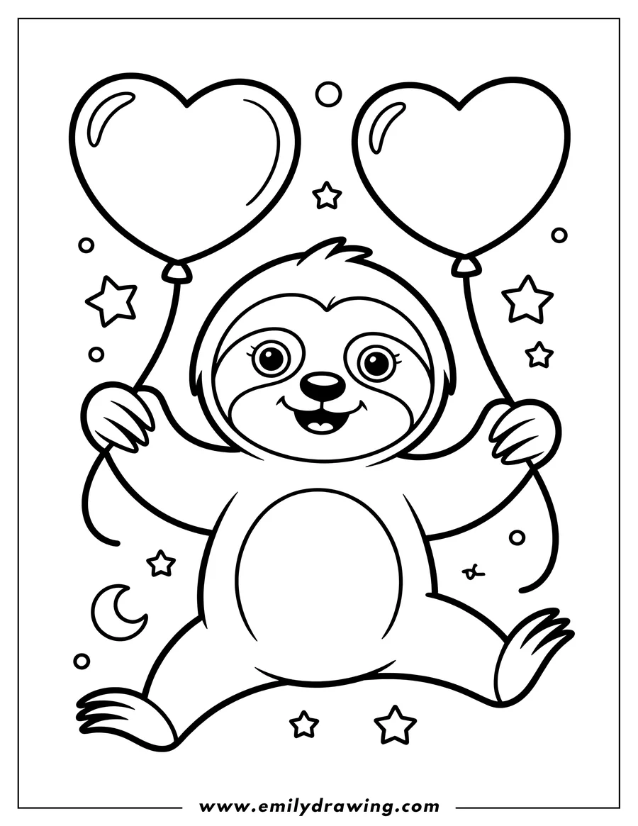 Outline of a smiling sloth holding two heart-shaped balloons, surrounded by stars and a crescent moon.