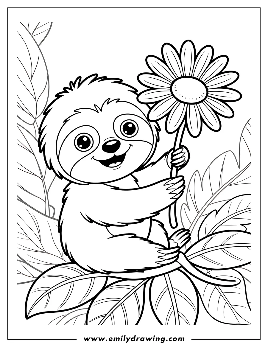 Outline of a smiling sloth holding a large daisy flower, surrounded by leaves.