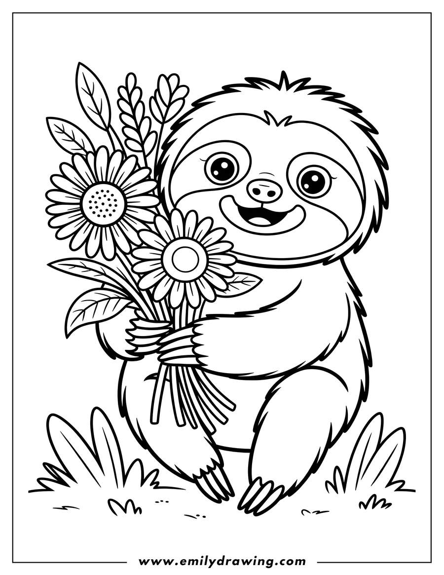 Outline of a smiling sloth holding a bouquet of flowers with leaves and stems in a grassy area.