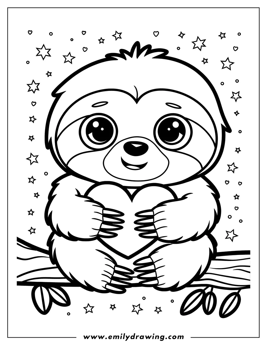 Outline of a sloth holding a heart while sitting on a tree branch, surrounded by stars and hearts.