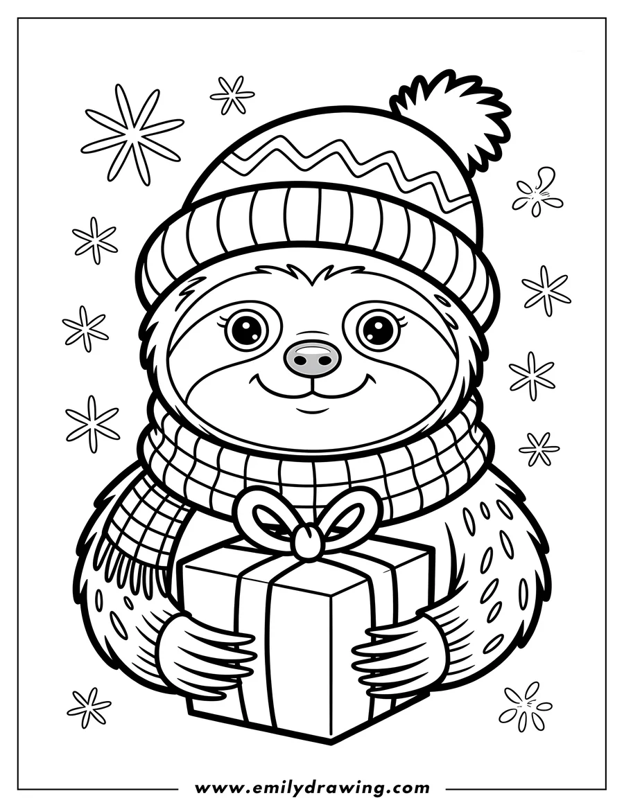 Line art of a sloth wearing a winter hat and scarf, holding a wrapped present. Snowflakes decorate the background.