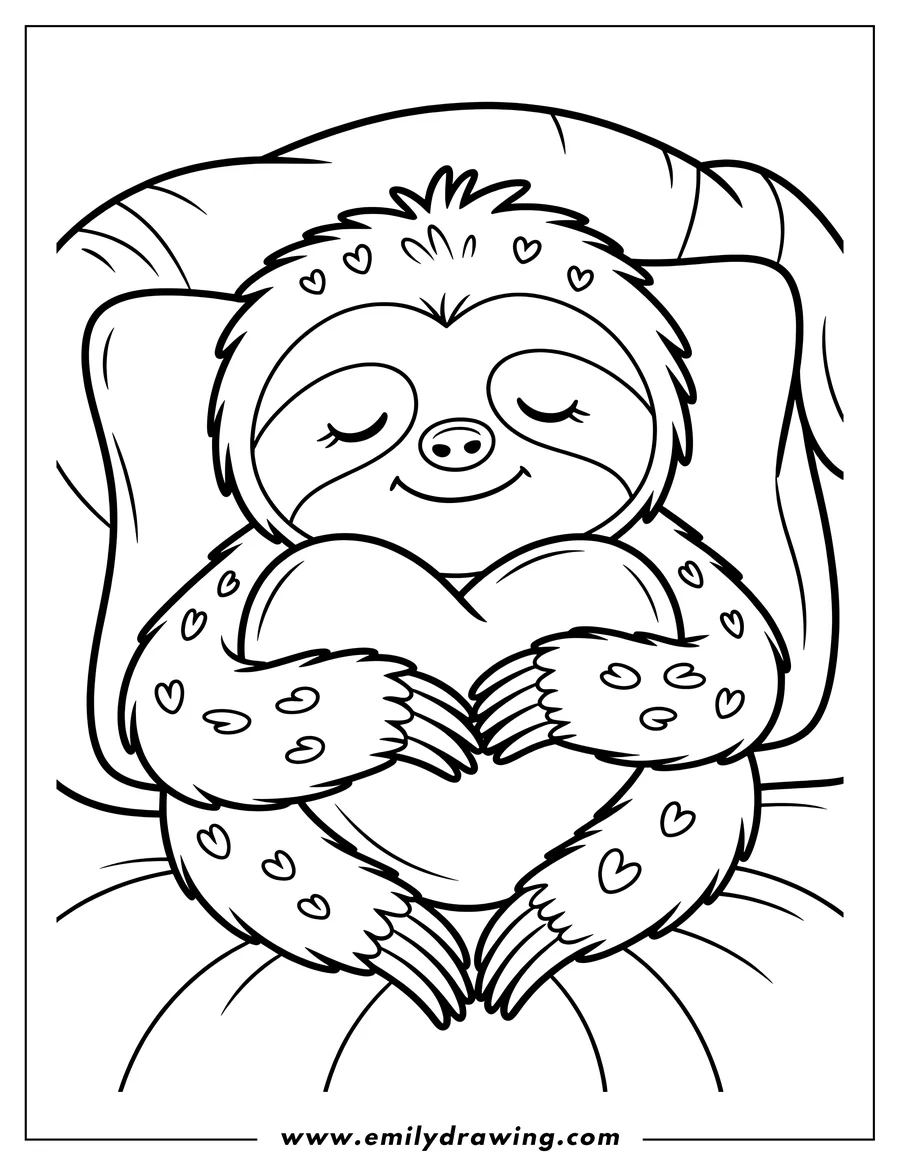 Line art of a sloth hugging a heart-shaped pillow.