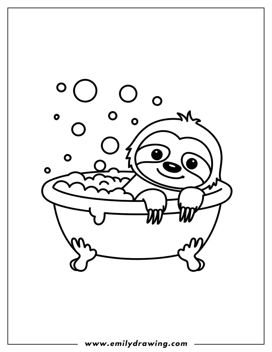 Outline of a sloth relaxing in a bathtub full of bubbles.