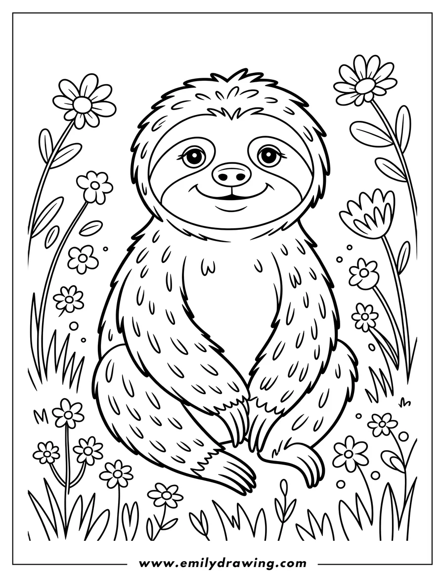 Outline of a sloth sitting in a field of flowers.