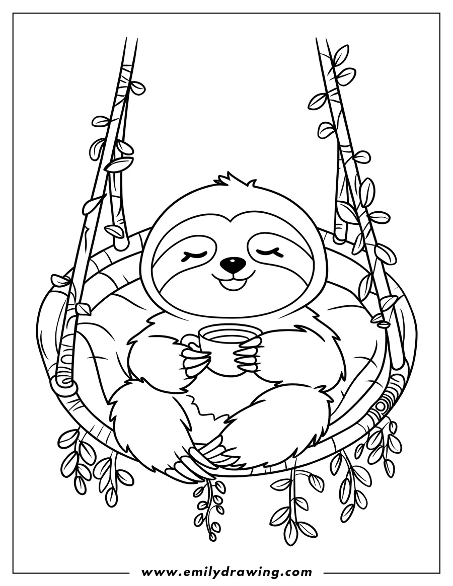 Line art of a sloth sitting in a swing holding a cup.