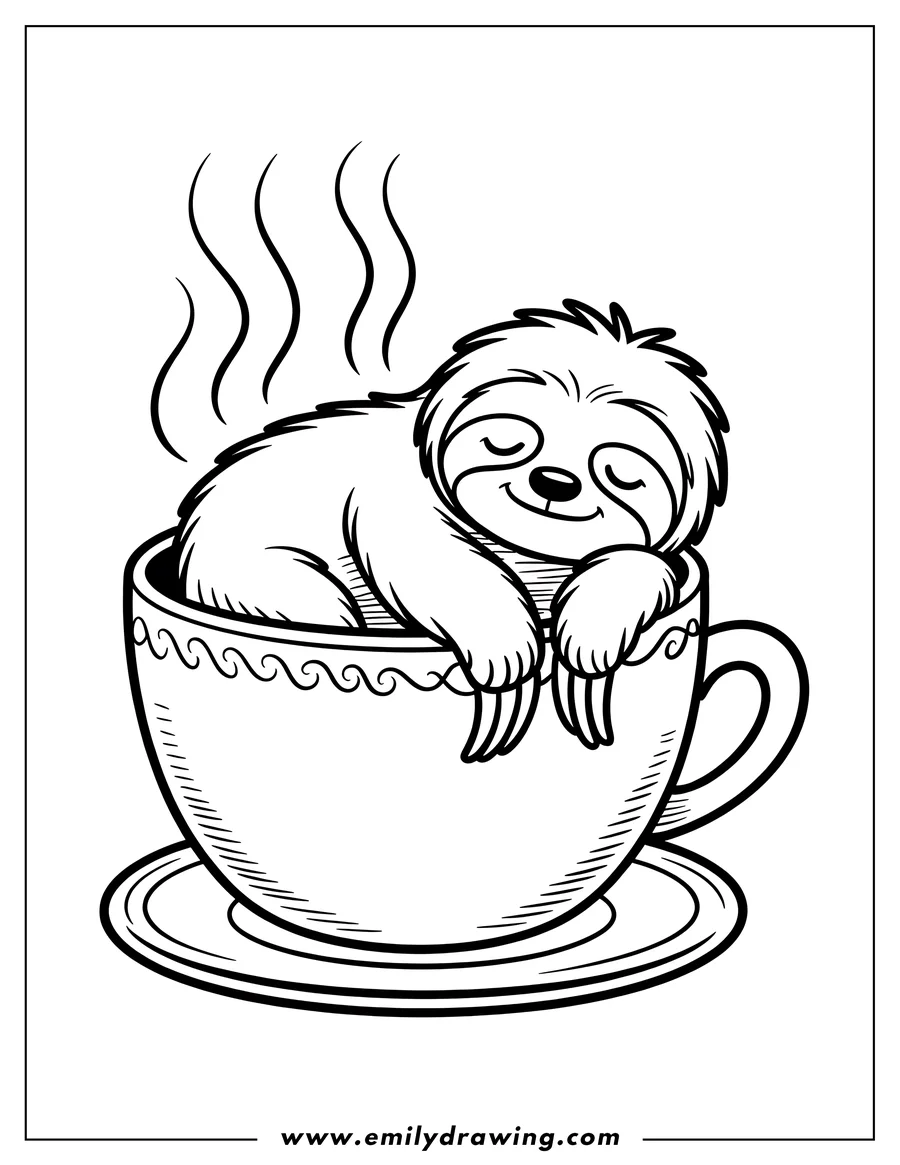Line art of a sloth sleeping in a teacup on a saucer. Steam rises from the cup.