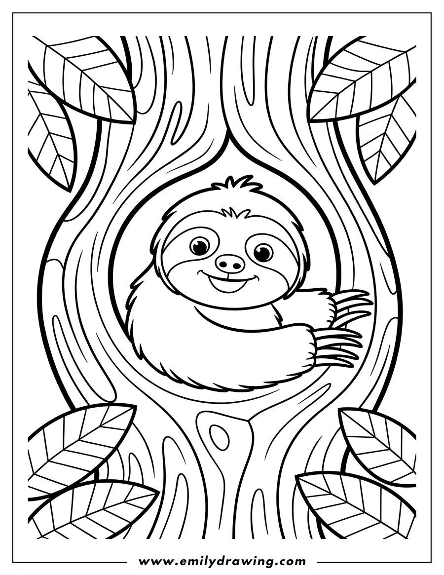 Outline of a smiling sloth peeking out of a hollow in a tree trunk.