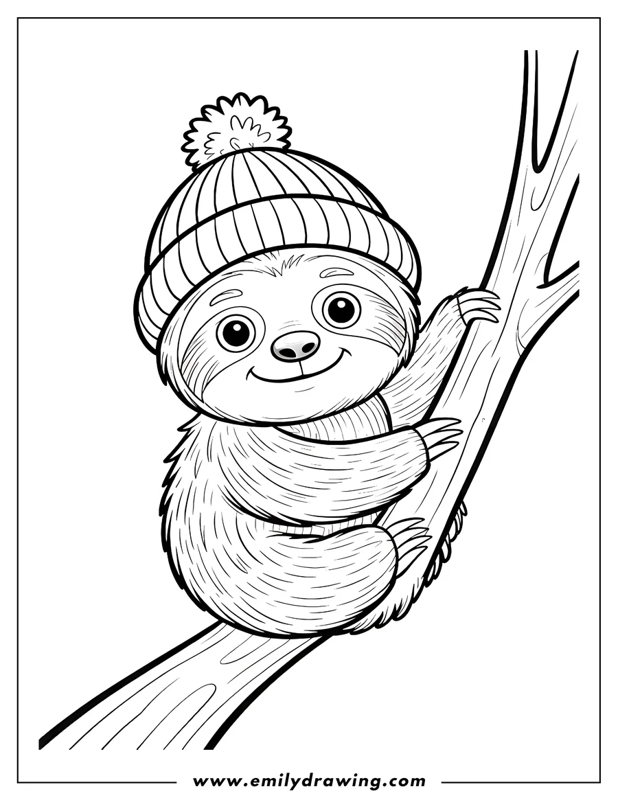 Outline of a sloth wearing a winter hat and sitting on a tree branch.