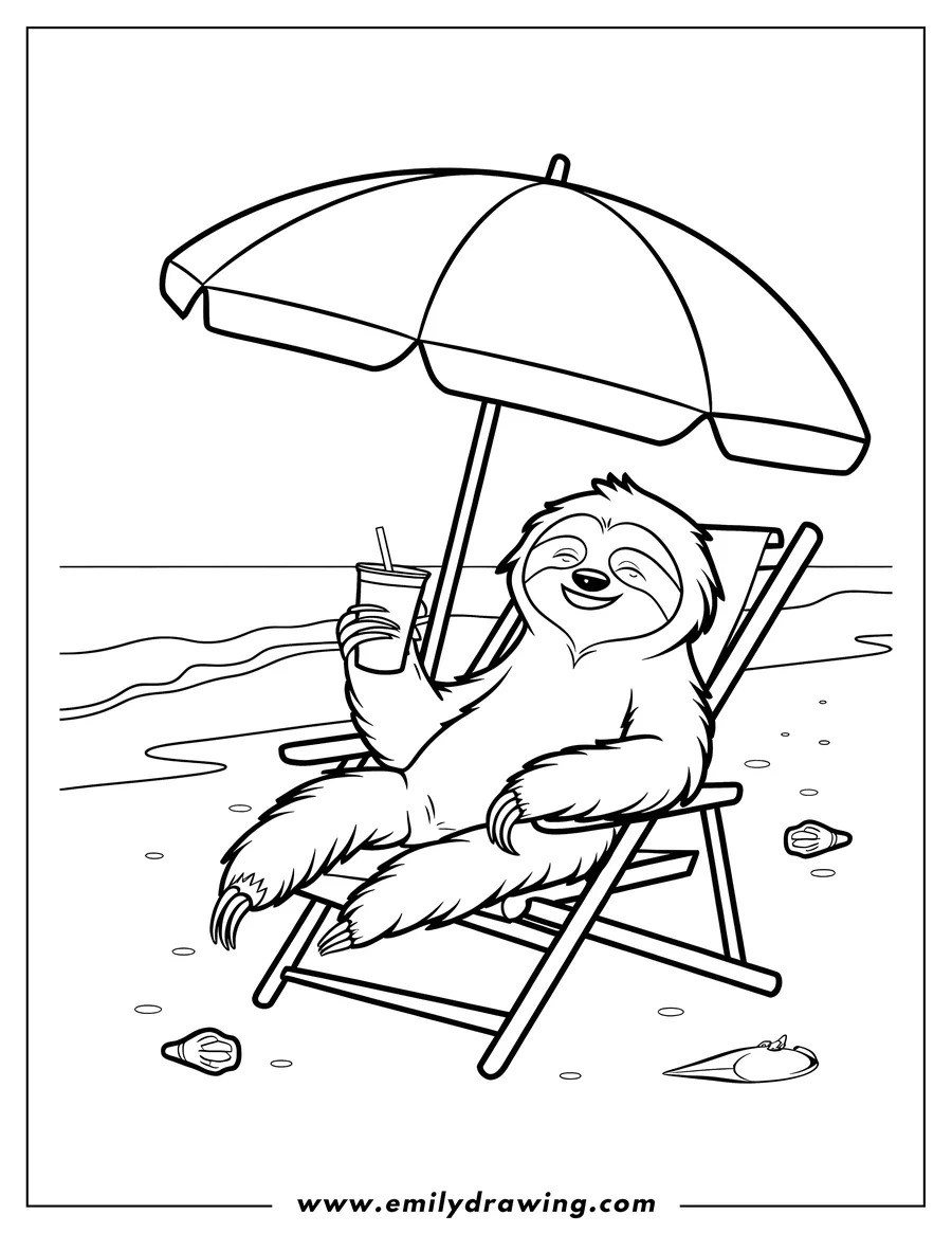 Line art of a sloth relaxing on a beach chair under an umbrella, holding a drink. Seashells are scattered on the sand around the chair.